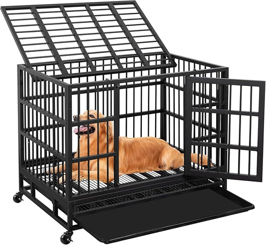 JY QAQA 38 Inch Heavy Duty Indestructible Dog Crate, Escape Proof Dog Cage Kennel with Lockable Wheels,High Anxiety Double Door Dog Crate, Xl Extra Large Crate Indoor for Large Dog with Removable Tray