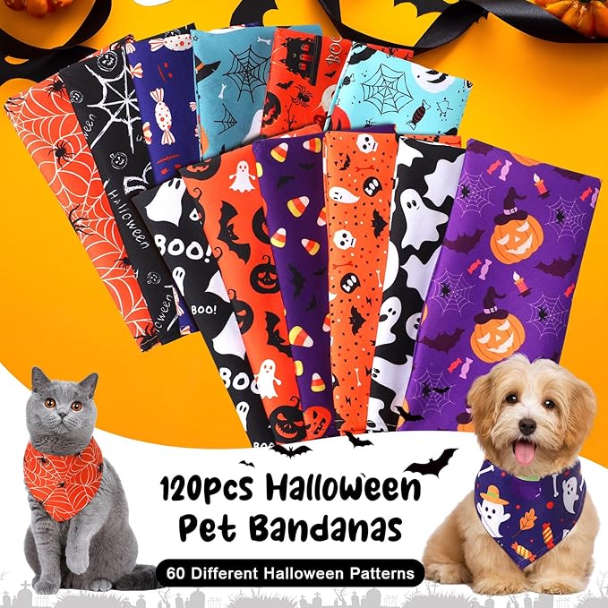Amylove 120 Pcs Halloween Dog Bandanas Bulk Thanksgiving Day Holiday Triangle Dog Pack Puppy Kerchief Bandana Adjustable Pet Scarf for Pet Cat Costume Accessories Decor(Pumpkin)
