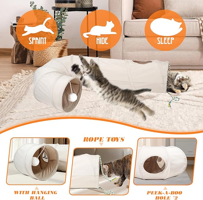 Cat Tunnel, 2-Way Collapsible Cat Tube with Interactive Peek-A-Boo Hole, Toy Ball, and Rope – Ideal for Indoor Cats, Kittens, and Rabbits, Beige