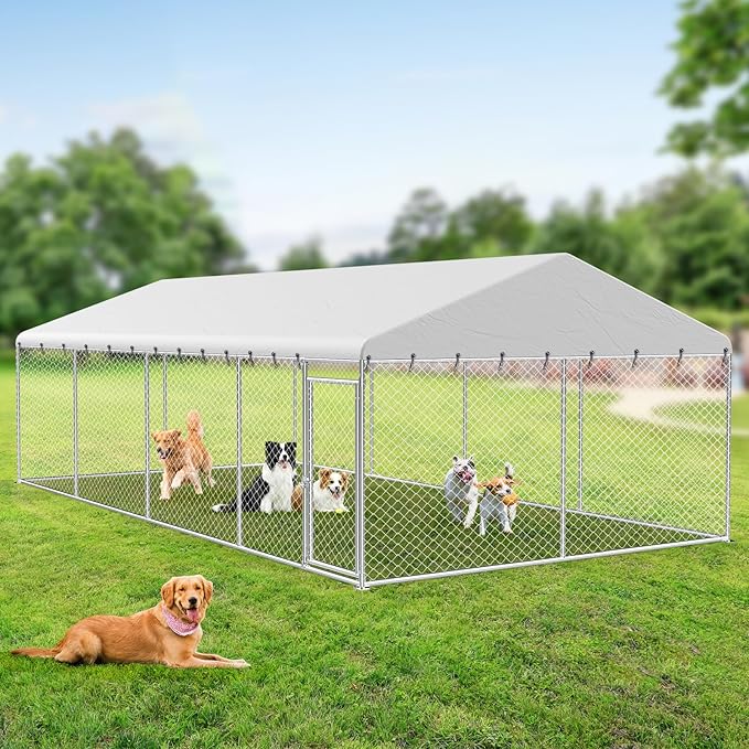 Rovibek 10X20FT Large Dog Kennel Outside, Heavy Duty Outside Dog Kennels Outdoor for Large Dogs with Secure Lock, Outdoor Pet Enclosure for Yard with Thickened Roof