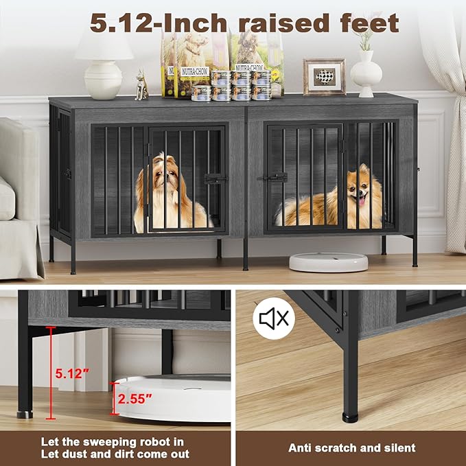 EasyCom Dog Crate Furniture for 1 or 2 Dogs, Heavy Duty Single/Double Dog Crates for Small/Medium/Large Dogs, Dog Kennel Furniture Indoor as TV Stand, Small Size 55.12" L(0-20 Pounds), Dark Grey
