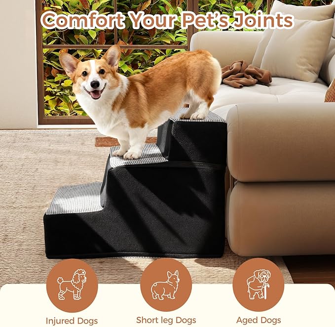 Dog Stairs for Small Dogs and Cats 18.5" H 3-Step DogSteps for High Bed Couch and Sofa High-DensityFoam Dog Ramp withSupporting Boardet Stairs withNon-Slip Bottom Washable Cover