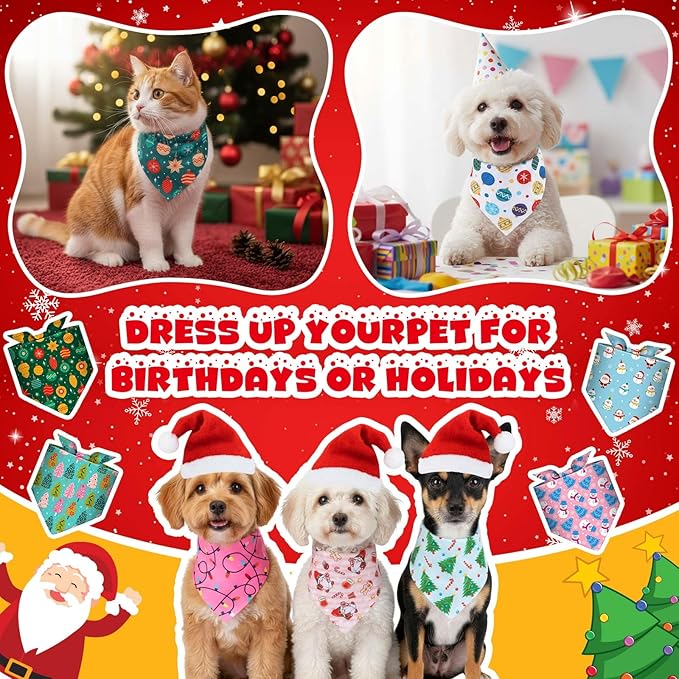 120 Pcs Christmas Dog Bandanas Bulk Santa Claus Pet Bandanas Dog Handkerchiefs Bell Scarf Bibs Triangle Bibs Adjustable Kerchief Pet Grooming Costume Accessories