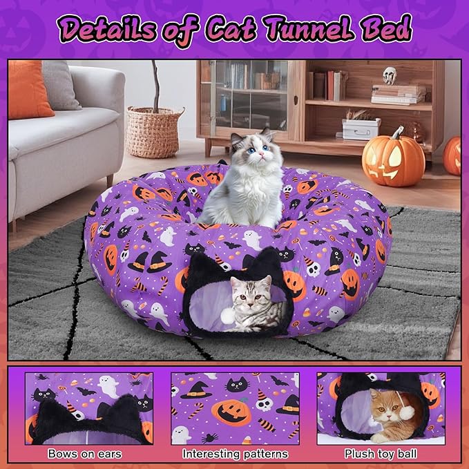 Tidjani Halloween Cat Tunnel, Cat Tunnels for Indoor Cats, Foldable Pet Donut Bed with Washable Mat and Dangling Balls, Pumpkins Spider Candy Pattern Decor, Pet Halloween Toys Gifts