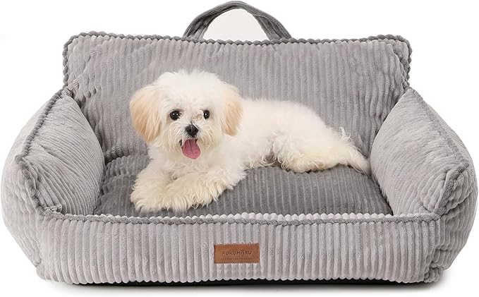 FUKUMARU Cat Couch Bed, Fluffy Corduroy Cat Beds for Indoor Cats with Washable Cover, Waterproof Small Dog Sofa Beds with Portable Handle and Anti-Slip Bottom, Pet Beds & Furniture 28inch, Grey