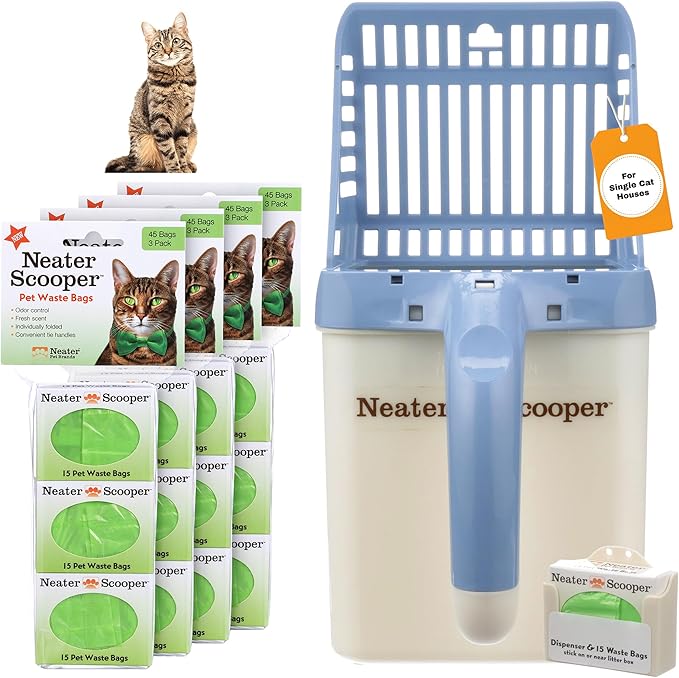 Neater Pet Brands Neater Scooper Standard Cat Litter Scoop, 195 Refill Bags – Mess-Free Cat Litter Scooper with Bag, Spill-Proof Kitty Box Sifter, Bin Doubles as Scoop Holder, For Single-Cat Household