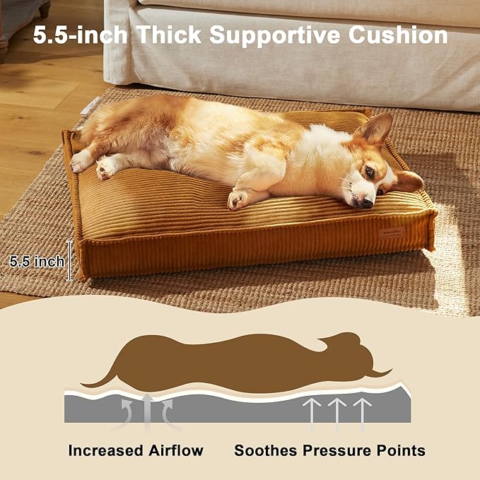 FUKUMARU Dog Bed, Thickened Corduroy Dog Beds Mat with Washable Cover, Large Waterproof Cotton Dogs Bed for Crate, Cozy Fluffy Pet Pillow Beds Kennel Pad with Non-Slip Bottom, 36inch, Ginger Yellow