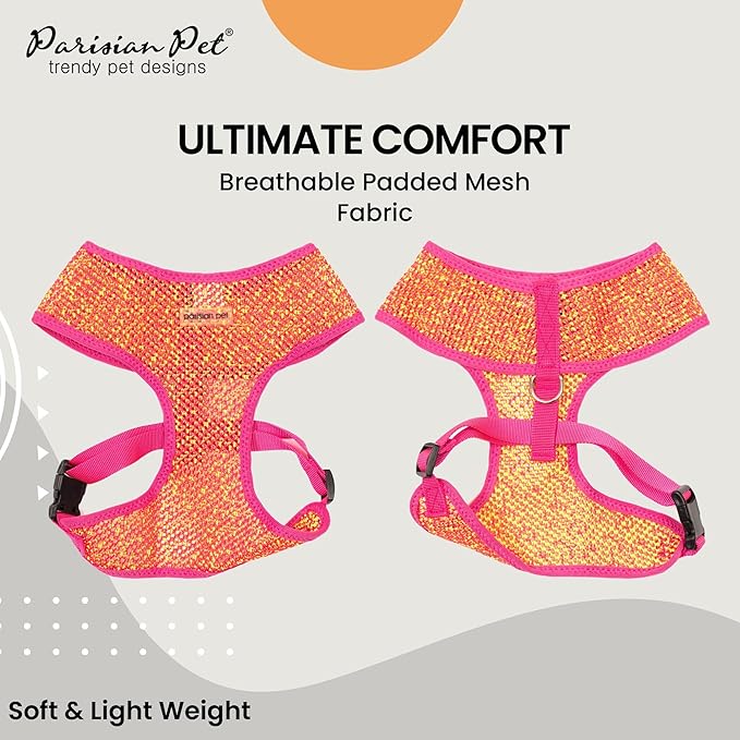 Parisian Pet Adjustable Pink/Yellow Dog Harness - 100% Mesh Cooling Vest Harness for Walking, Running, and Hiking - Small-Sized Puppy Dogs - No Pull Feature