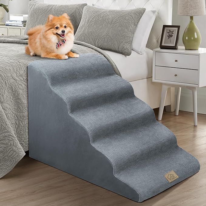 Mestuel Dogs Stairs for High Bed, 23in Foam Dog Stairs Steps for Large Dogs, Large Pet Stairs, 5 Steps Dog Ramp to High Couch Sofa Bed Indoor with Gentle Slope& Nonslip Bottom, Gray