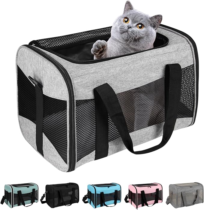 Cat Carrying Case - Pet Carrier Airline Approved, Protable and Breathable Pet Travel Carrier Removable Fleece Pad, Collapsible Cat Carrier Dog Carrier for Medium Cats Small Cats Dogs (Grey&Black M)