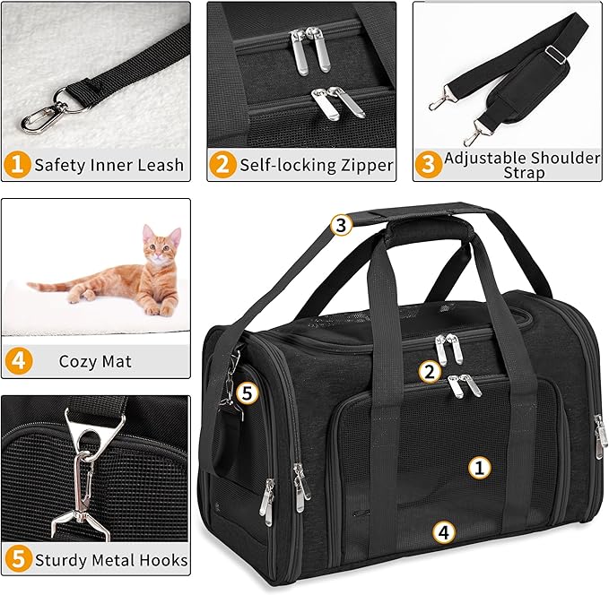 Soft-Sided Cat/Dog/Pet Carrier, Collapsible Pets Travel Carriers for Big Cats/Small Dogs with Shoulder Strap & Removable Mat, Mesh Puppy Carry Bag, Up to 25 Lbs(Black)