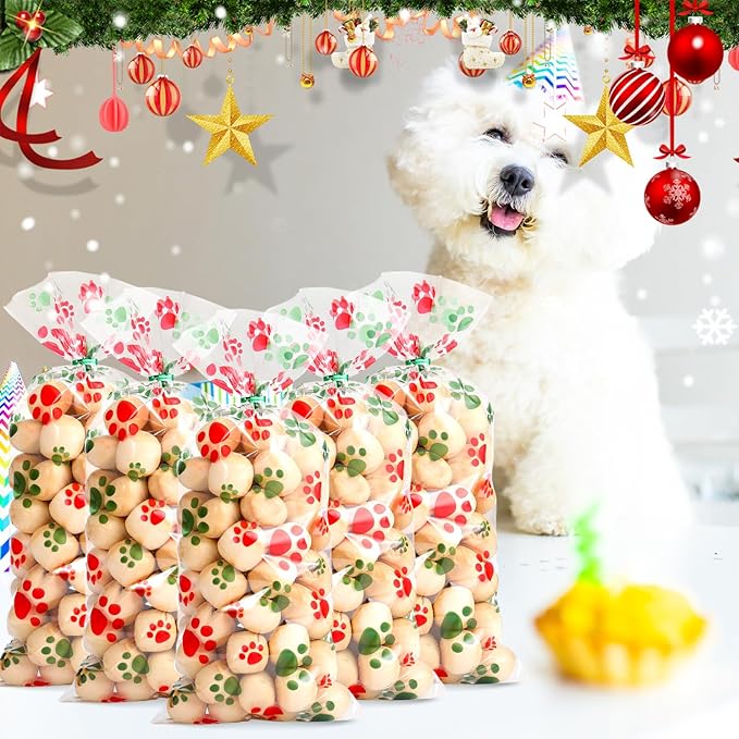 Blulu 100 Pieces Dog Treat Bags Puppy Party Favor Pet Paw Cone Cellophane Bags Candy Heat SealableDog Paw Gift with 100 Pieces Silver Twist Ties for Pet Cat Treat Party Favor(Red and Green)