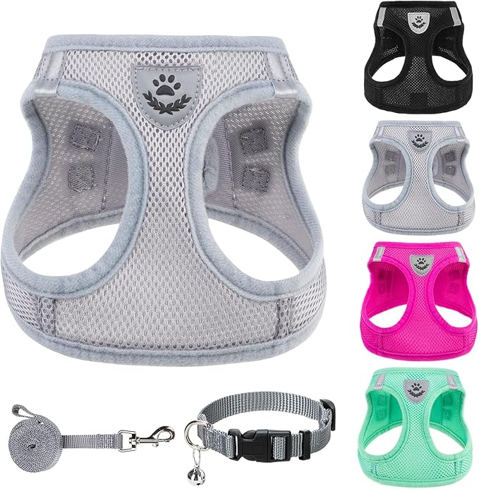 PUPTECK Adjustable Dog Harness Collar and Leash Set Step in No Pull Pet Harness for Small Medium Dogs Puppy and Cats Outdoor Walking Running, Soft Mesh Padded Reflective Vest Harnesses, Solid Grey L