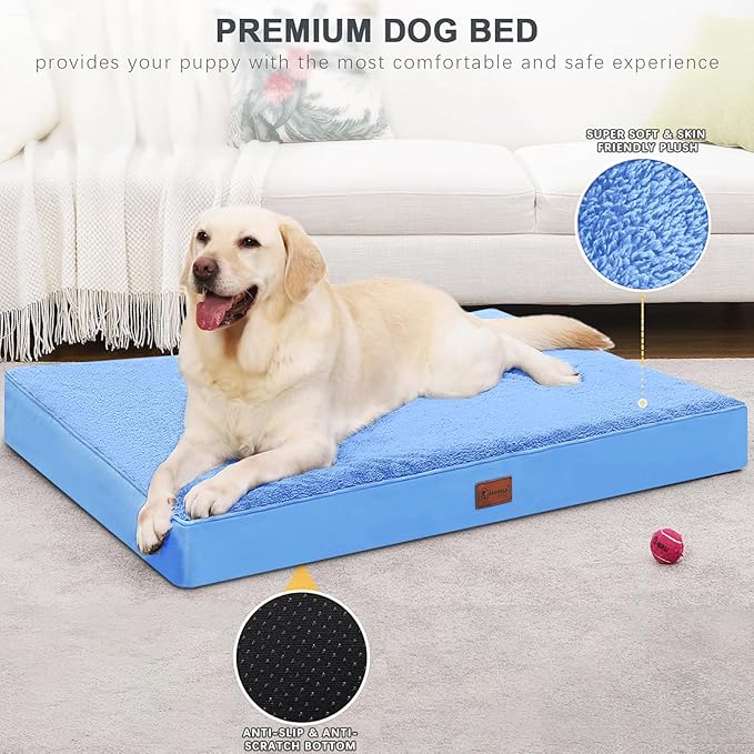MIHIKK Waterproof Dog Beds Large Sized Dog Orthopedic Pet Beds for Crate with Removable Washable Cover Egg-Crate Foam Pet Pad Mat with Anti-Slip Bottom, 41x27 Inch, Blue
