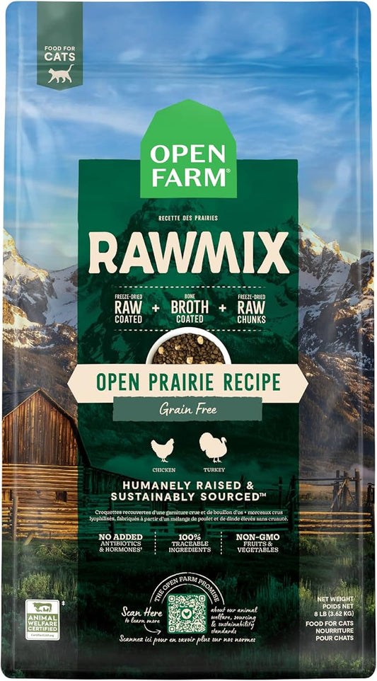 Open Farm, RawMix Dry Cat Food, Protein-Packed Kibble Coated in Bone Broth with Freeze Dried Raw Chunks, for Indoor & Outdoor Cats, Chicken & Turkey Grain-Free Recipe, 8lb Bag