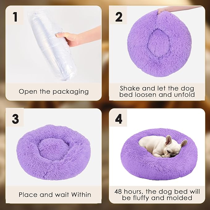 28in Large Dog Bed, Medium Size Dog and Cats, Calming Donut Bed for Puppy and Kitten, Washable Round Fluffy Pet Bed (Purple)