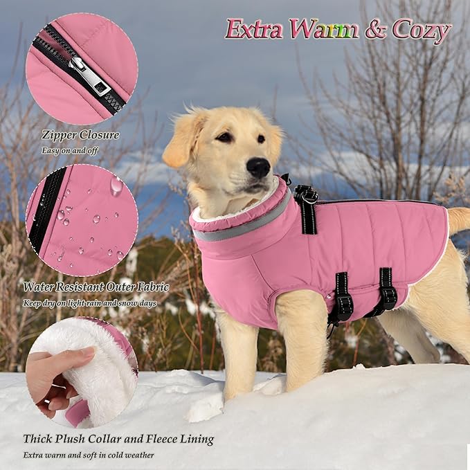 Dogcheer Dog Coat with Harness, Waterproof Dog Jacket Adjustable Winter Coat with Zipper, Christmas Puppy Snow Jacket Fleece Sweater for Small Medium Large Dogs - Light Pink M