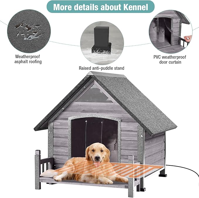Insulated Dog House with Heating Pad, Weatherproof Outdoor Kennel for Large Dogs, Chew-Resistant Iron Frame & Asphalt Roof (Grey-H, L)