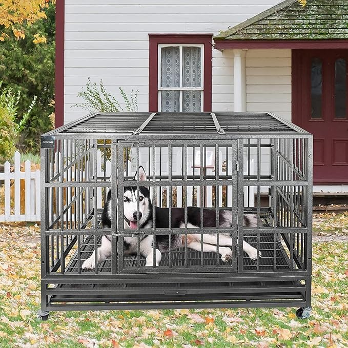 Confote 48" Heavy Dog Duty Cage Metal Indestructible Dog Kennels Crate for Large Dogs with Double Doors & Lockable Wheels