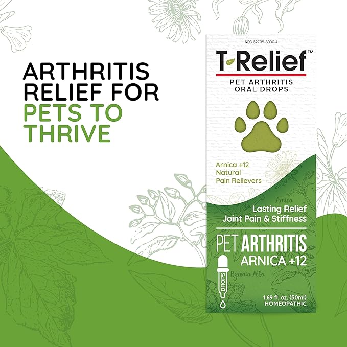 MediNatura T-Relief Pet Arthritis Relief Drops Arnica +12 Powerful Natural Homeopathic Medicines Help Ease Hip & Joint Pain Soreness & Stiffness for Dog & Cat - 1.69 oz (2 Pack)