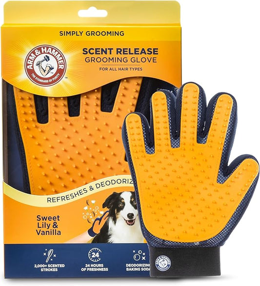 Arm & Hammer “Simply Calm” Dog Grooming Deodorizing Glove with Fragrance Transfer Technology –Scented Silicone Hand Brush for Bathing & Shedding, Sweet Lily & Vanilla Scent