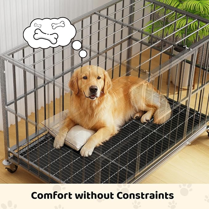 Heavy Duty Indestructible Dog Crate 48 Inch with Removable Tray, Sizes & Colors Optional, Escape Proof Double Door High Anxiety Cage Indoor, Kennel with Wheels for Large Dogs, XL XXL XXL