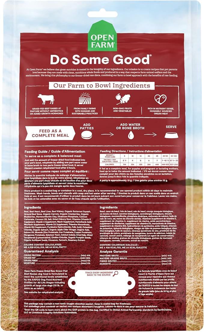 Open Farm, Freeze Dried Raw Dog Food, Patties with 95% Meat, Organs & Bone, Complete Meal or Freeze Dried Dog Food Mixer, Grass-Fed Beef Recipe, 10.5oz Bag