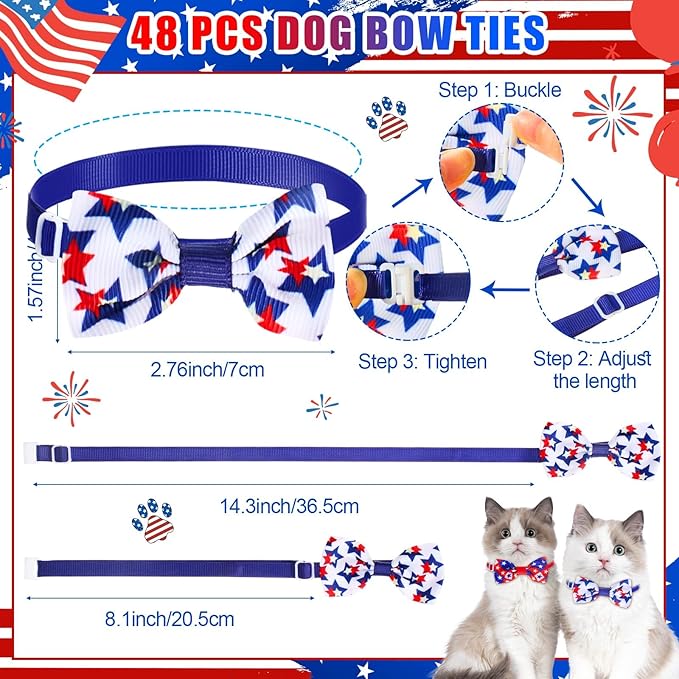 108 Pcs Veterans Patriotic Dog Bandanas Bulks Star Stripe Adjustable Bow Ties for Dogs USA Flag Bowknot Triangle Scarf Kerchief for Pet Cat 4th of July Memorial Grooming Outfit
