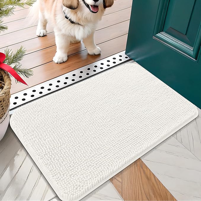 OLANLY Dog Door Mat for Muddy Paws 24x16, Absorbs Moisture and Dirt, Absorbent Non-Slip Washable Doormat, Quick Dry Chenille Mud Mat for Dogs, Entry Indoor Entryway Carpet for Inside Floor, Ivory