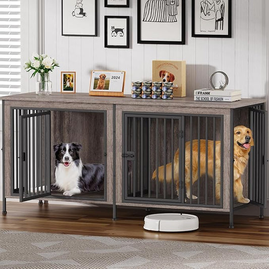 EasyCom Dog Crate Furniture for 1 or 2 Dogs, Heavy Duty Single/Double Dog Crates for Small/Medium/Large Dogs, Dog Kennel Furniture Indoor as TV Stand, Large Size 78.74" L(35-60 Pounds), Oak Grey