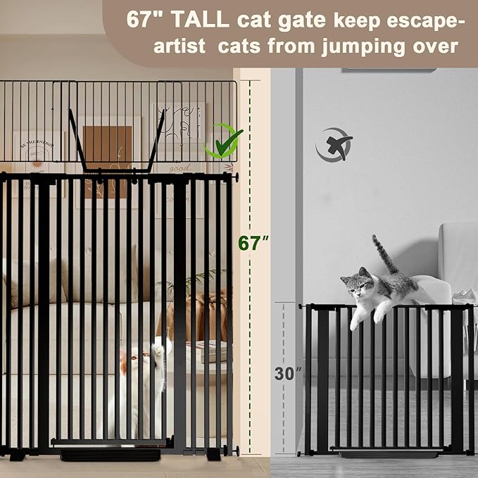 67" High Extra Tall Cat Gate for Doorway, 29.5-49.21" Extra Wide Pet Gate Pressure Mounted Baby Gates for Dogs Pets, Easy Walk Through Cat Proof Gate(Black)