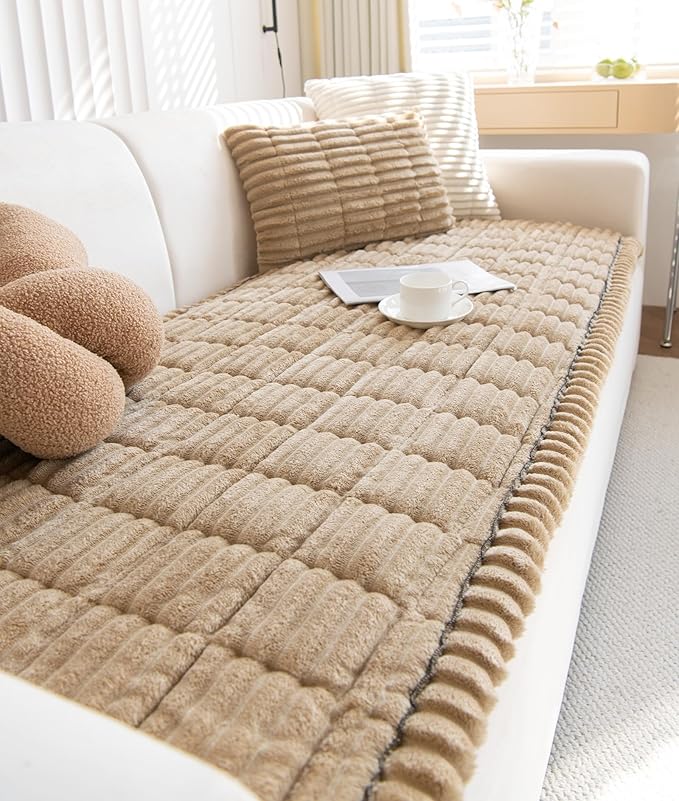 Faux Fur Plush Dog Couch Cover 3D Stripe Fuzzy Sofa Cover Non-Slip Fluffy Dog Bed Cover Pet Blanket Sofa Couch Furniture Protector for Puppy Large Dog Cat (Coffee,35"x82")