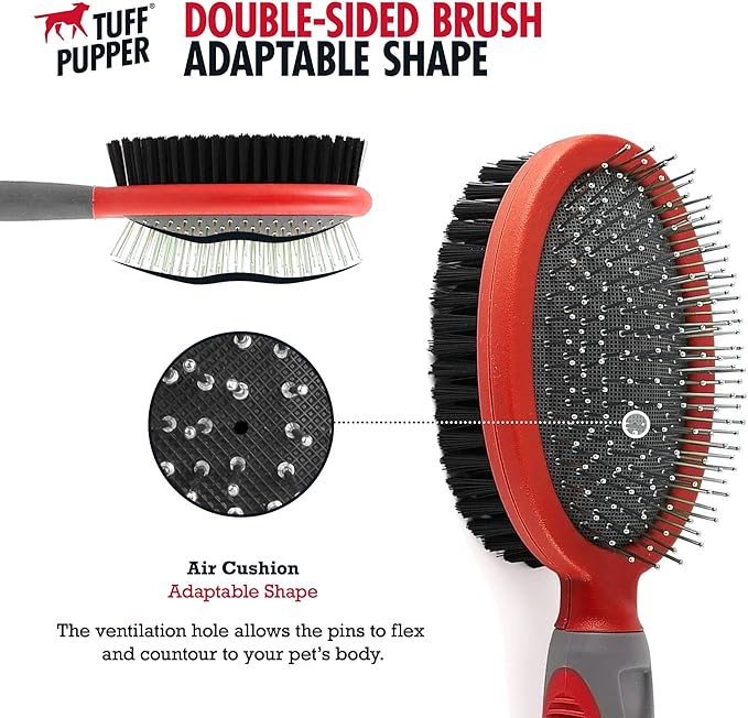 Tuff Pupper Double Sided Dog Brush, Detangling Tool for Dogs and Cats, Pin & Bristle Pet Brush, for and Hair Types, With Comfort-Grip Anti-Slip Handle, Brown, Black, White