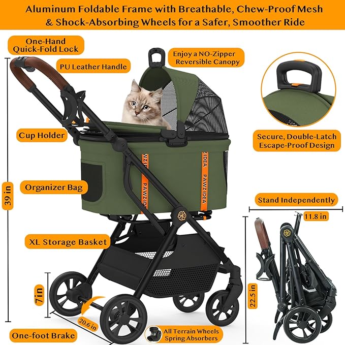 PAWZIDEA Pet Stroller 4 in 1, Dog Strollers with Detachable Carrier No-Zip Canopy, Portable Pet Crate for Car Seat Travel, Foldable & Lightweight Jogger for Small/Medium Dogs and Cats, Storage Basket