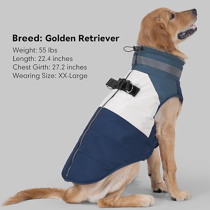 azuza Dog Jacket for Medium Dogs Waterproof Dog Coat with Reflective Strips and Harness Built in Warm Fleece Dogs Winter Coat Windproof with Back Zipper, Navy 2XL