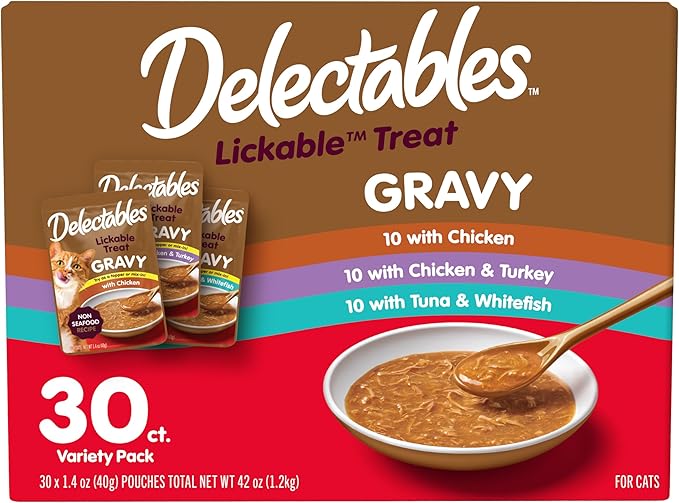 New! Delectables Lickable Treat Gravy Variety Wet Cat Treat & Food Topper, Food Topper, Hydrating, Grain-Free, No Fillers, No by-Products, No Added Preservatives, 1.4oz Pouch, 30 Pack