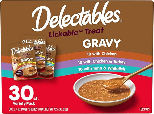 New! Delectables Lickable Treat Gravy Variety Wet Cat Treat & Food Topper, Food Topper, Hydrating, Grain-Free, No Fillers, No by-Products, No Added Preservatives, 1.4oz Pouch, 30 Pack