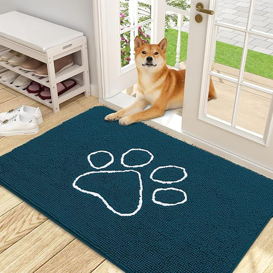 OLANLY Dog Door Mat for Muddy Paws 48x30, Paw Print Design, Absorbs Moisture and Dirt, Absorbent Non-Slip Washable Doormat, Quick Dry Chenille Mud Mat, Entry Indoor Entryway Carpet, Atlantic Blue