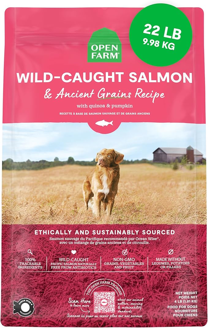 Open Farm, Ancient Grains Dry Dog Food, Protein-Rich & Nutrient Dense, 90% Animal Protein Mixed with Non-GMO Fruits, Veggies and Superfoods, Wild Caugh Salmon Recipe, 22lb Bag