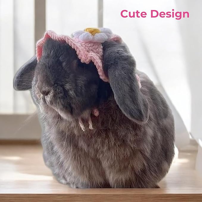 2Pcs Cute Knitted Rabbit Hat, Funny Bunny Hats for Pet Rabbits Large Guinea Pig Small Dog Cat Pet Bunny Costume for Birthday Party Christmas Halloween Easter Travel Accessories (Frog and Flower)