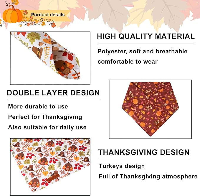 ADOGGYGO Thanksgiving Dog Bandana, Pumpkin Turkey Pet Scarf, Multi Size Offered, Fall Autumn Leaves Thanksgiving Bandanas for Small Dogs Cats Puppies (Small)
