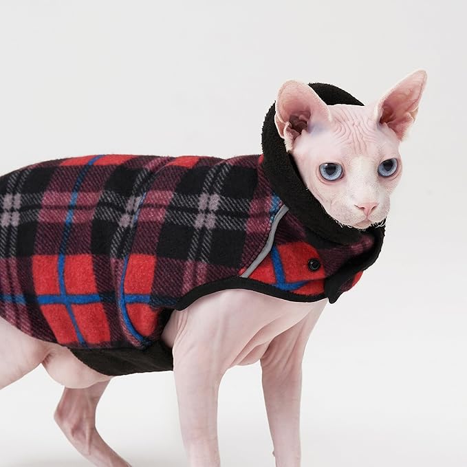 Sphynx Cat Windproof Turtleneck Jacket, Cat Puppy Warm Fleece Hoodie Fall and Winter,Easy to Wear Cat Coat with Velcro,Neck and Chest Adjustable Sweater (L (5.5-8lbs))