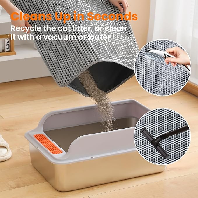 Cat Litter Mat, 24x18 Inches Large Double Layer Honeycomb Cat Litter Trapping Mat, Non Slip Waterproof Urine Proof Cat Litter Box Mat for Floor, Kitty Litter Rug, Cat Supplies, Gray