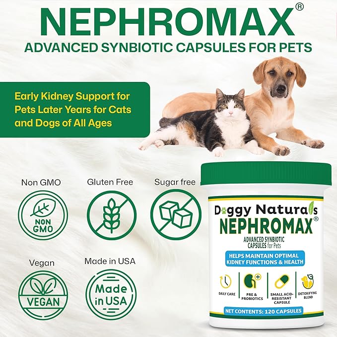 NEPHROMAX™ Synbiotic Capsules for Kidney Support for Dogs & Cats (120 Small Capsules) - Advanced Next-Generation Enteric detoxifying Proprietary Blend of Pre & Probiotics for Kidney Function,U.S.A