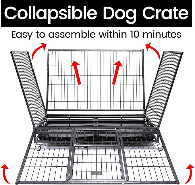 Homey Pet 43" Stackable Heavy Duty Dog Crate Cage Kennel with Feeding Door, Four Lockable Casters, Removable Tray and Grid, Escape Proof Dog Crate for Large Dogs(Two Tiers)