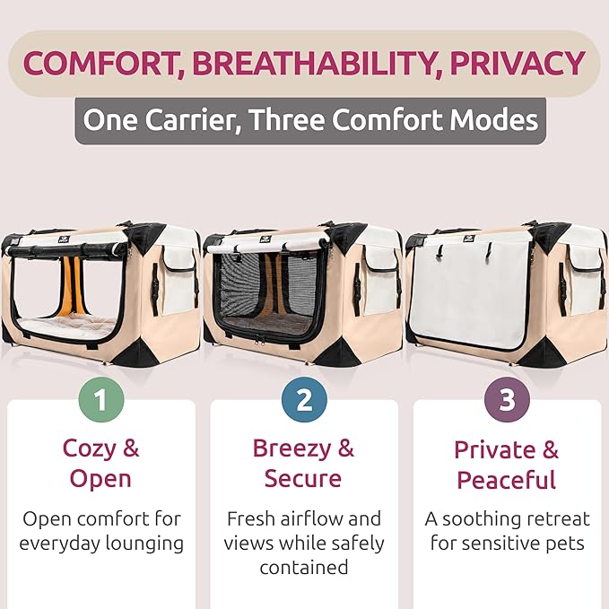 Soft-Sided Cat & Dog Pet Carrier, Large 24"x16"x16", Fits Large Cat, 2 Cats, or Medium Dog Comfortably, Great for Travel & Vet Visits, Privacy Windows, Removable Bed, Locking Zippers, Folds Flat