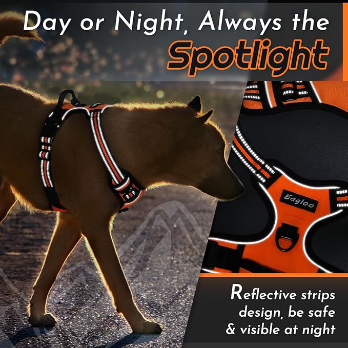 Eagloo Dog Harness for Large Dogs, No Pull Service Vest with Reflective Strips and Control Handle, Adjustable and Comfortable for Walking, No Choke Pet Harness with 2 Metal Rings, Orange, L