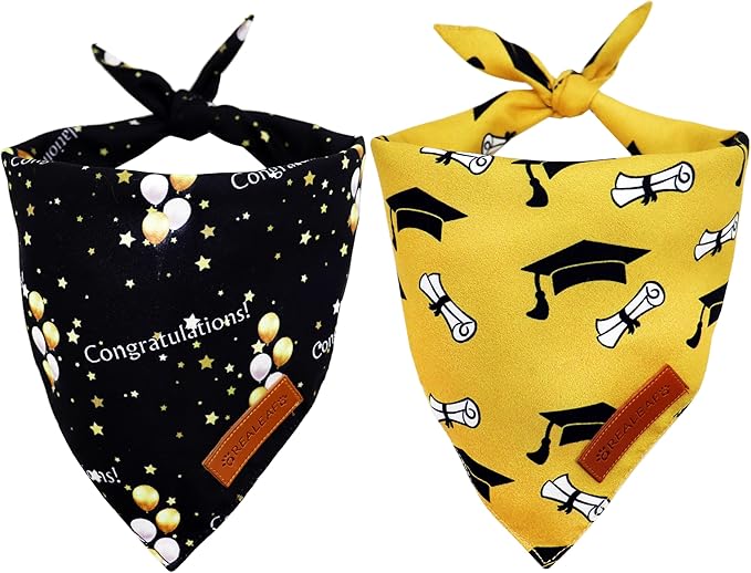 Realeaf Graduation Dog Bandanas 2 Pack, Reversible Pet Scarf for Boy and Girl, Premium Durable Fabric, Holiday Bandana for Small Medium Large and Extra Large Dogs (Graduation, Small)