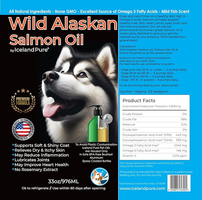 Wild Alaskan Salmon Oil for Dogs & Cats, Omega-3 Fish Oil, Liquid Supplement for Pets, Supports Immune System & Heart Health, 33oz