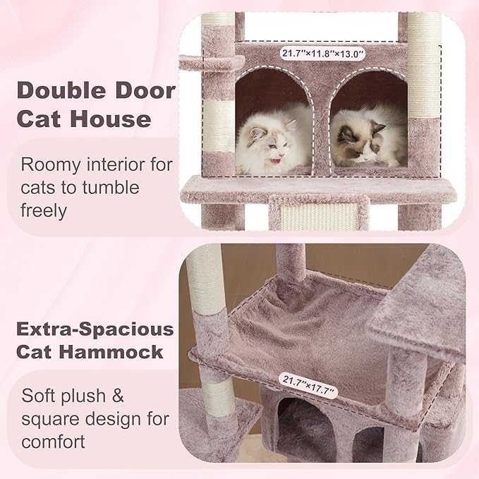 Heybly Tall Cat Tree for Large Cat, 80-inch Multi-Level Cat Tower for Indoor Cats with Large Baseboard, Condo Furniture with 2 Widened Plush Perches,Scratching Board and Big Caves, Muchroom HCT038MU
